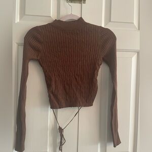 Rib Knit Sweater Open Back Medium Tie Back Turtleneck